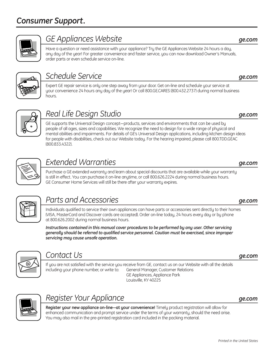 GE EWA4600 Consumer Support GE Appliances Website, Schedule Service, Real Life Design Studio, Extended Warranties 