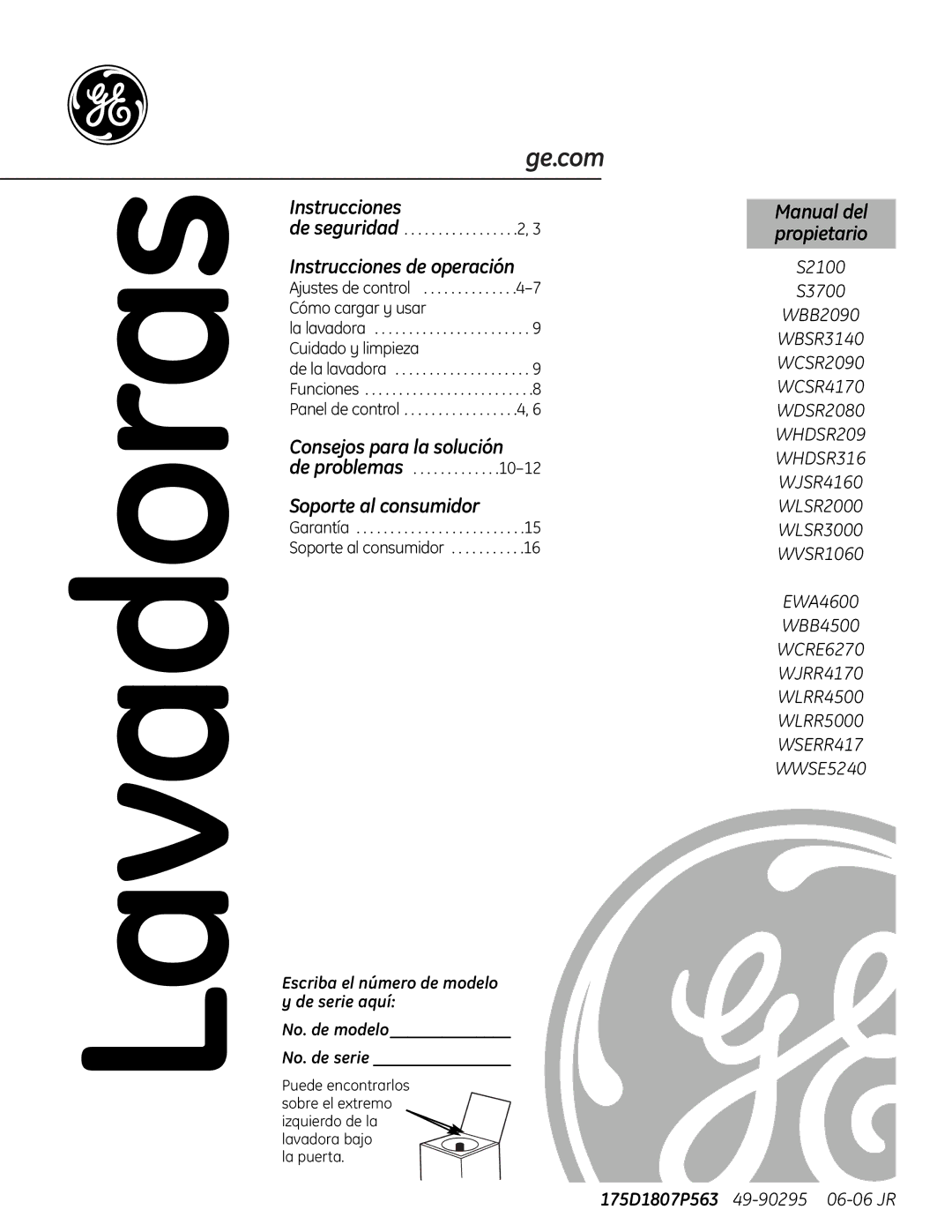 GE EWA4600 owner manual Lavadoras 