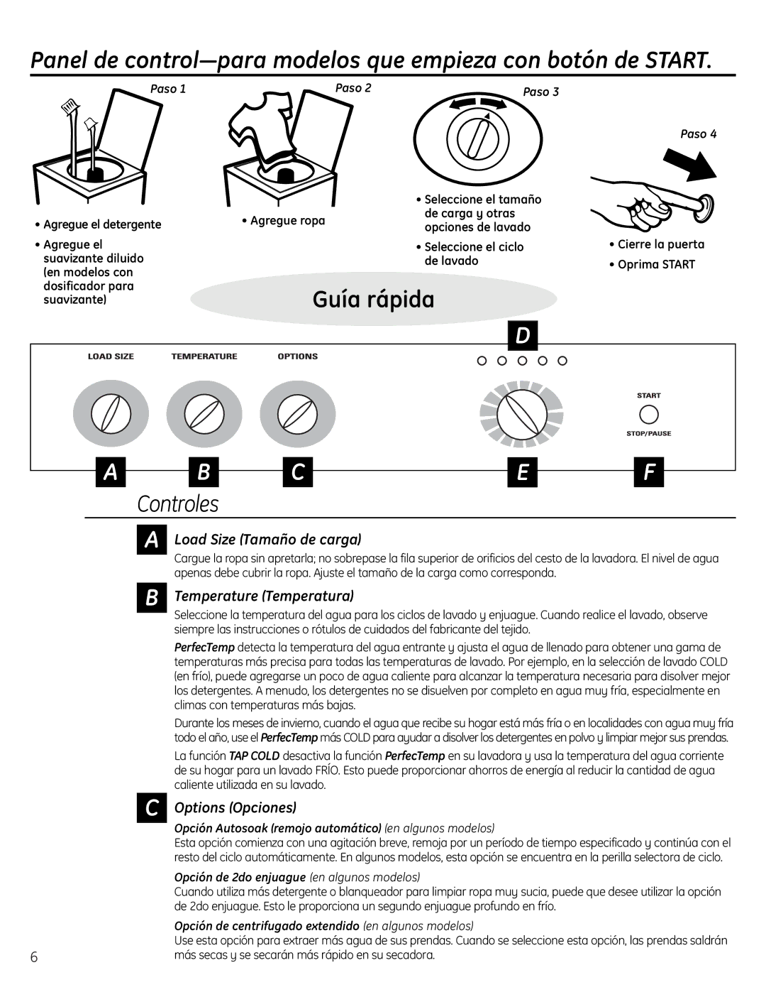 GE EWA4600 owner manual Temperature Temperatura, Options Opciones, Opción Autosoak remojo automático en algunos modelos 