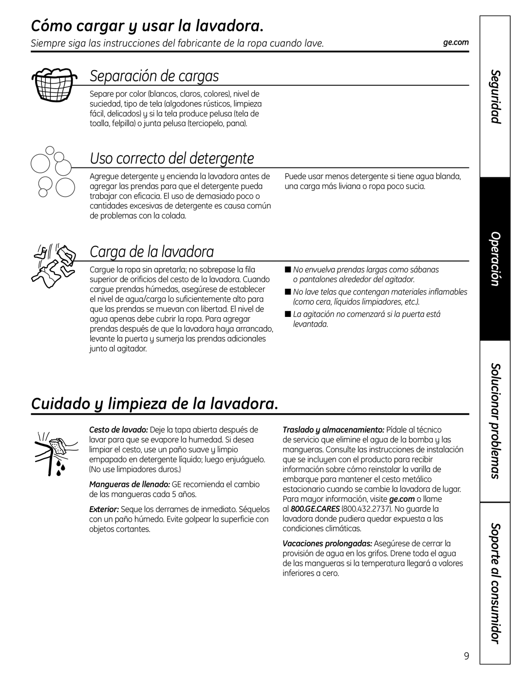 GE EWA4600 owner manual Cómo cargar y usar la lavadora, Cuidado y limpieza de la lavadora 