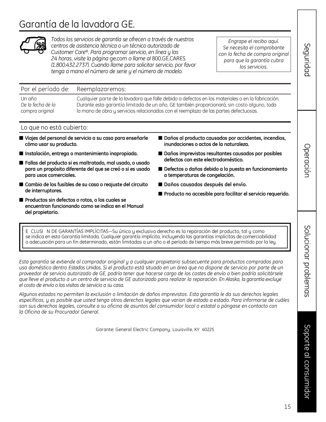 GE EWA4600 owner manual Garantía de la lavadora GE, Por el período de Reemplazaremos, Lo que no está cubierto 