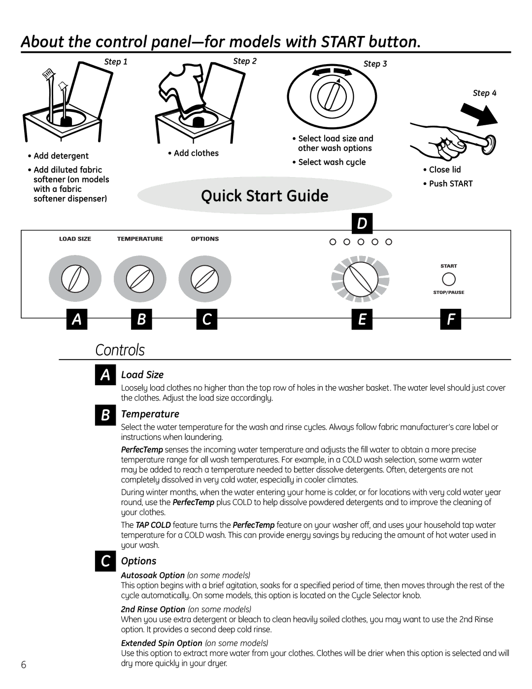 GE EWA4600 owner manual About the control panel-for models with Start button, Temperature, Options 