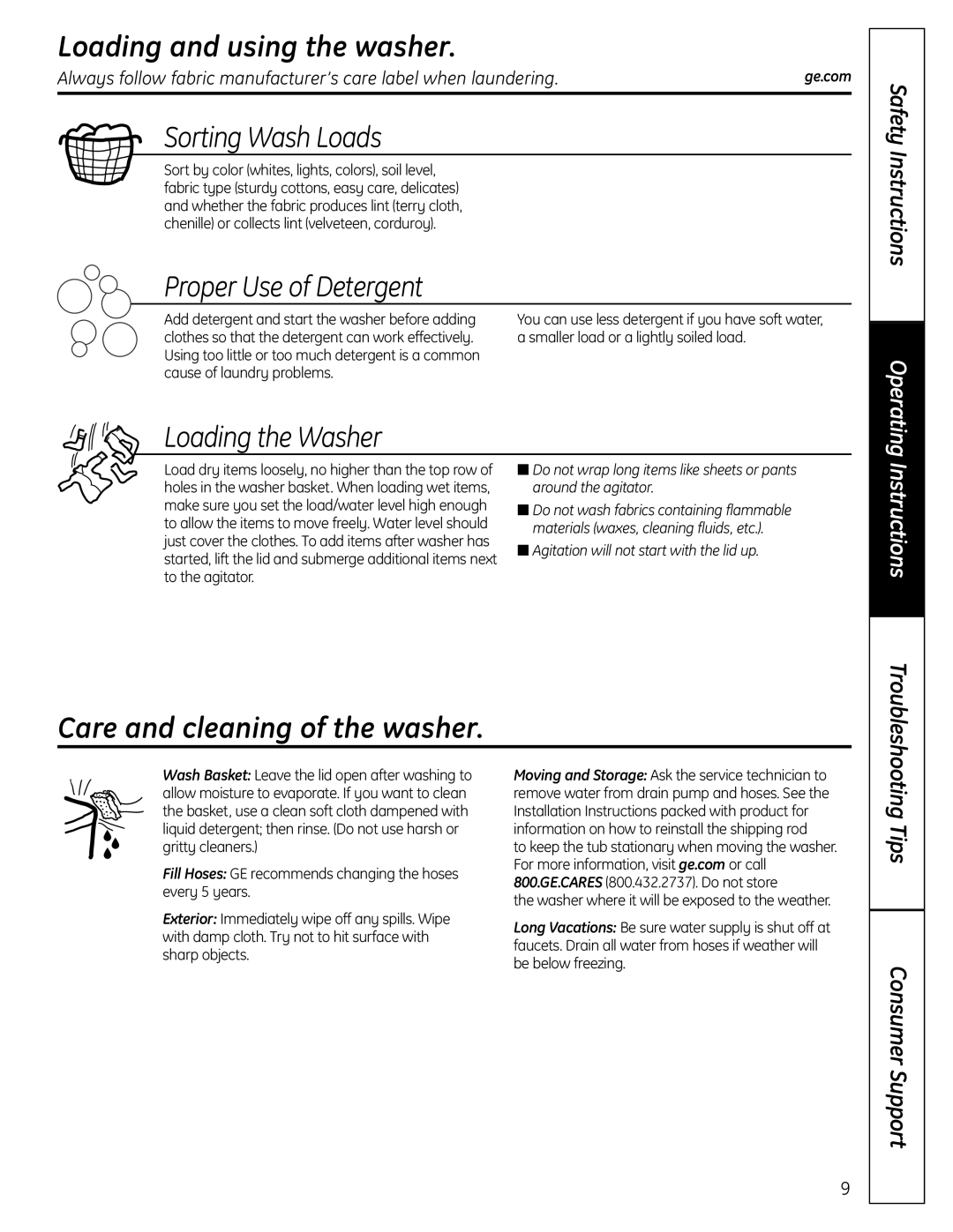 GE EWA4600 owner manual Loading and using the washer, Care and cleaning of the washer 