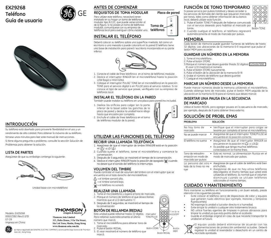 GE EX29268 instruction manual Antes DE Comenzar Función DE Tono Temporario, Instalar EL Teléfono, Memoria, Introducción 