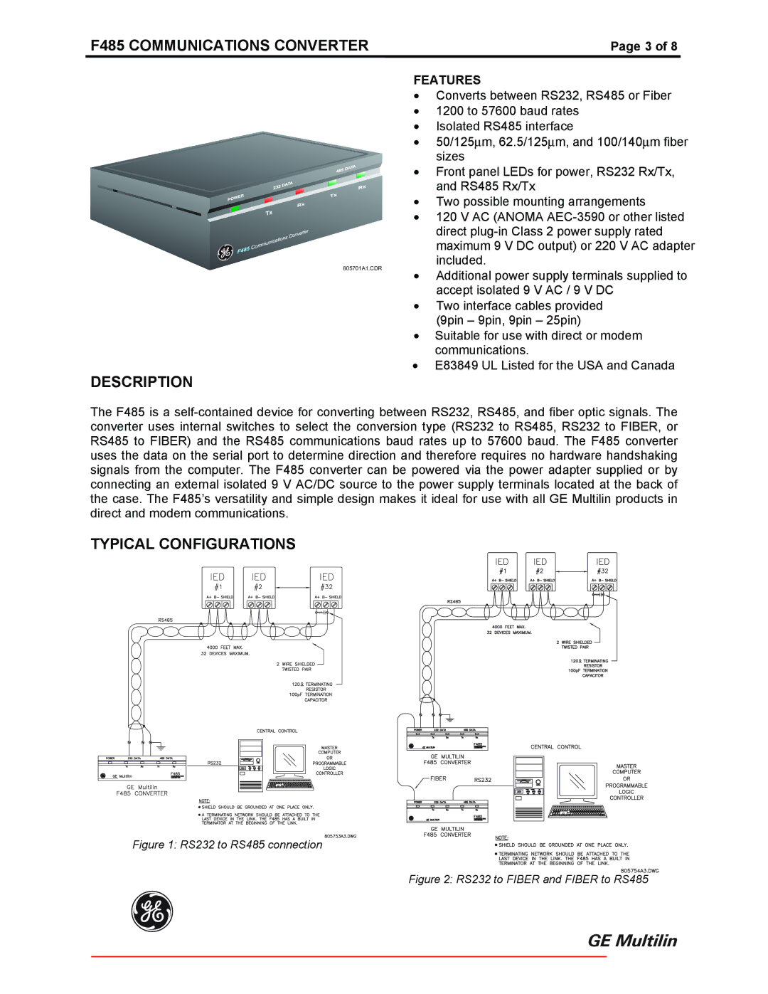 GE instruction manual F485 Communications Converter, Description, Typical Configurations 