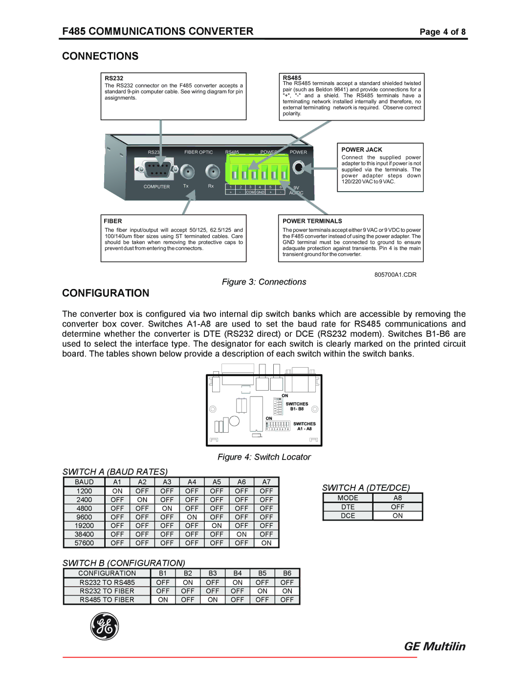 GE instruction manual F485 Communications Converter Connections, Configuration 