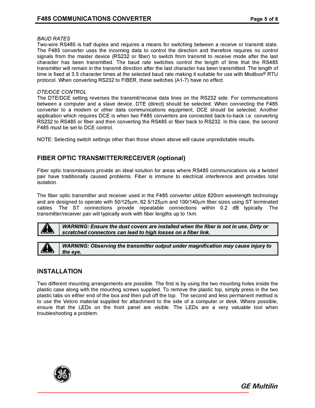 GE F485 instruction manual Fiber Optic TRANSMITTER/RECEIVER optional, Installation 