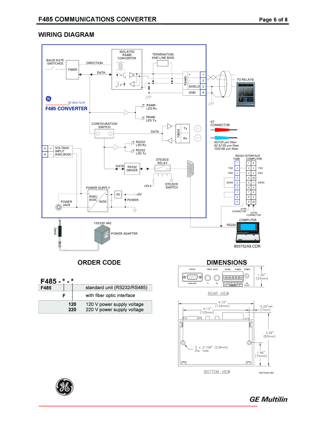 GE instruction manual F485 Communications Converter Wiring Diagram, Order Code Dimensions 