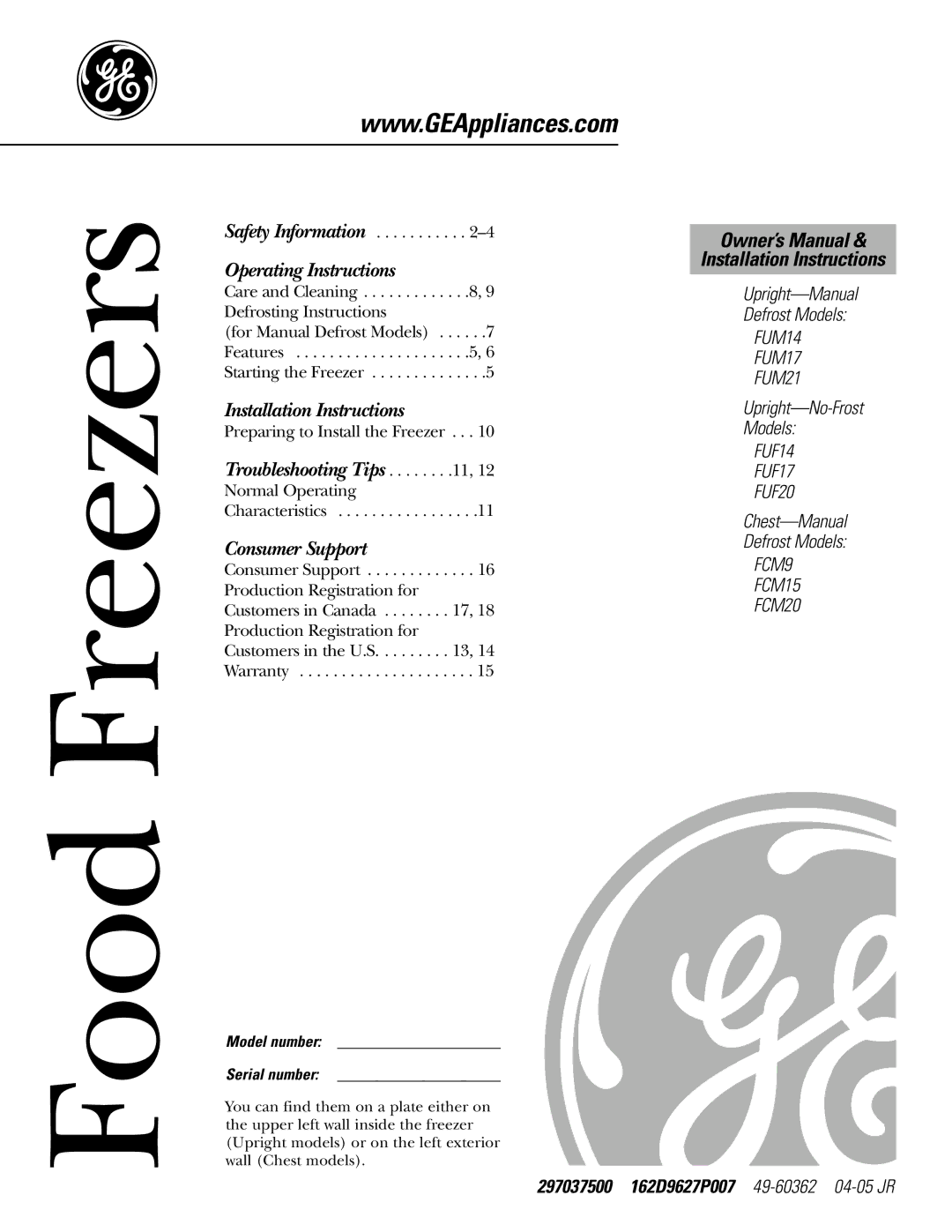 GE FCM 7 owner manual Installation Instructions, 297037500 162D9627P007 49-6036204-05 JR, Model number Serial number 