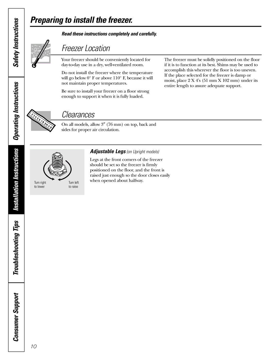 GE FCM 7 owner manual Preparing to install the freezer, Freezer Location, Clearances, Adjustable Legs on Upright models 