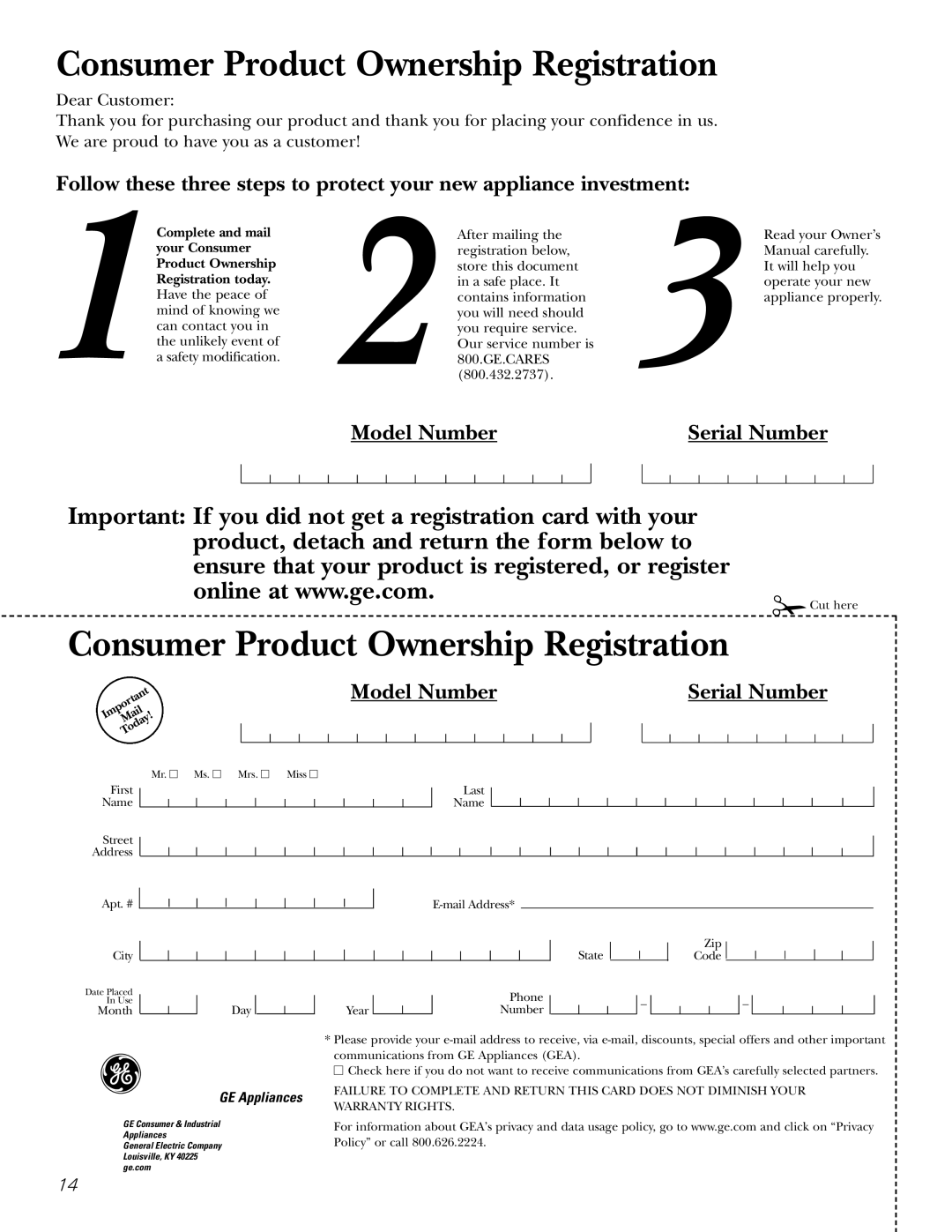 GE FCM 7 owner manual Consumer Product Ownership Registration 