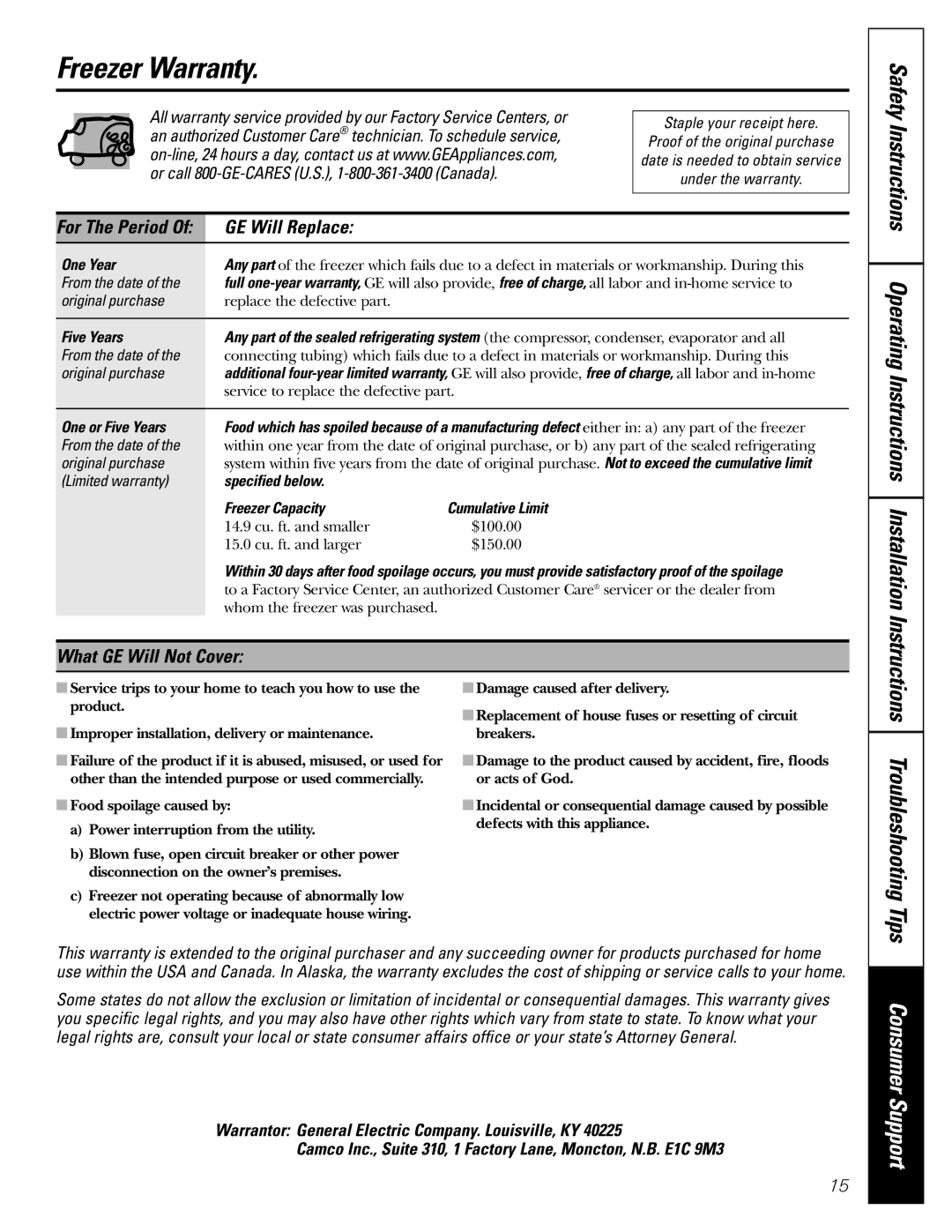 GE FCM 7 owner manual Freezer Warranty, Safety Instructions Operating, Instructions Installation, GE Will Replace 