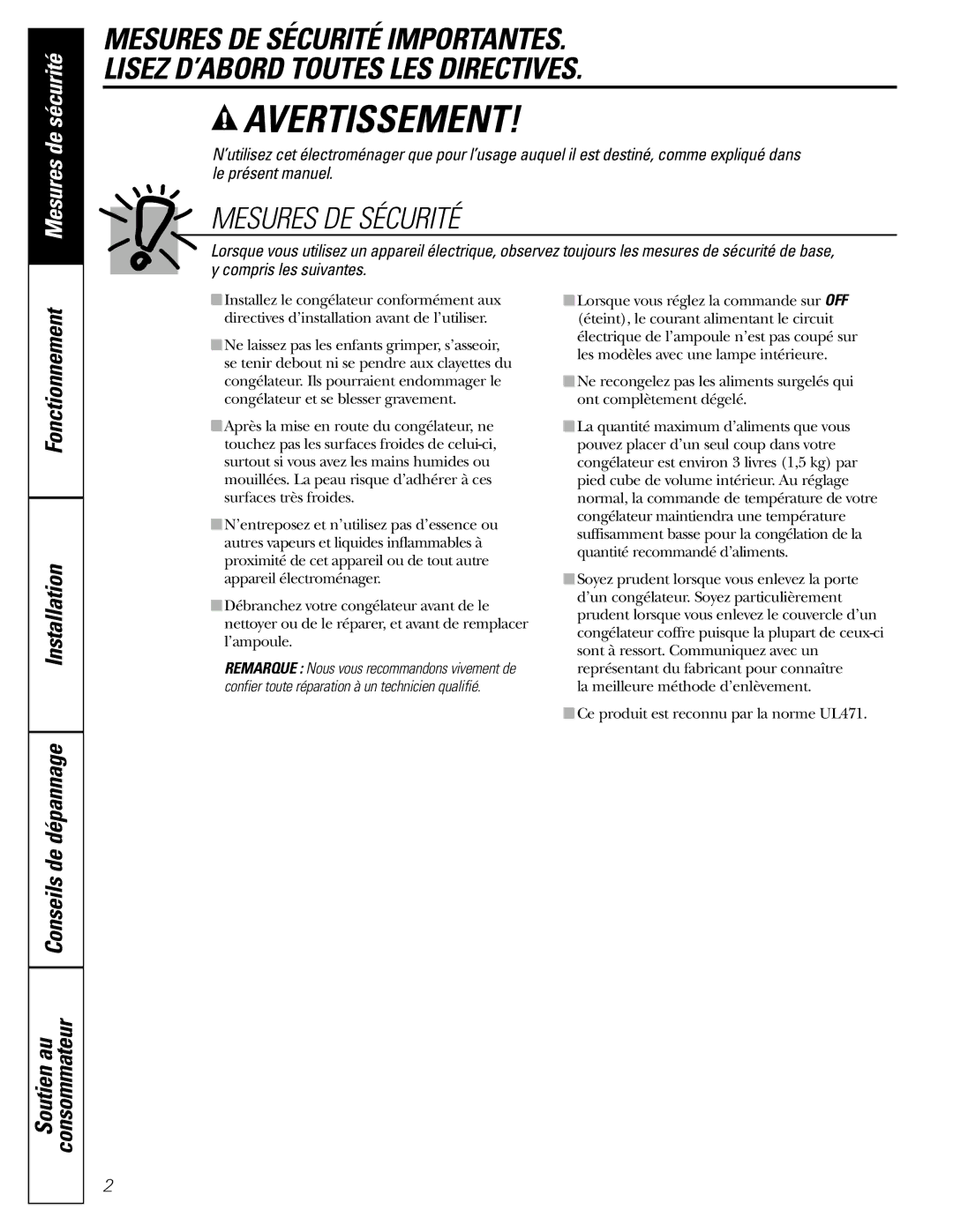 GE FCM 7 owner manual Mesures DE Sécurité, Installation Conseils de dépannage, Soutien au consommateur 