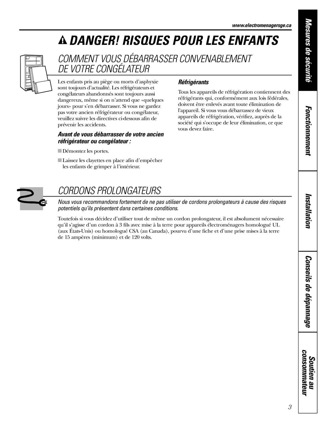 GE FCM 7 owner manual Cordons Prolongateurs, Fonctionnement, Réfrigérants 