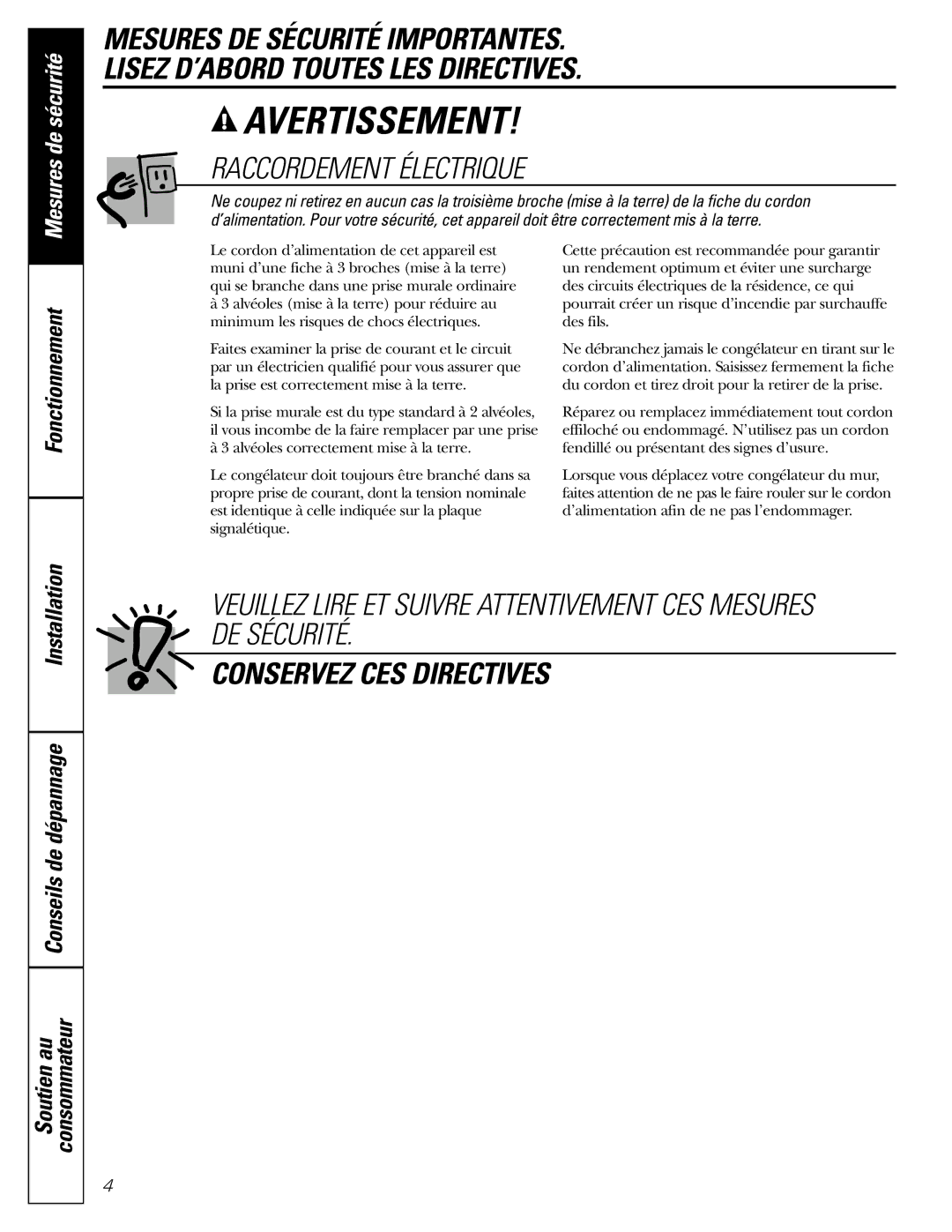 GE FCM 7 owner manual Raccordement Électrique, Conservez CES Directives 