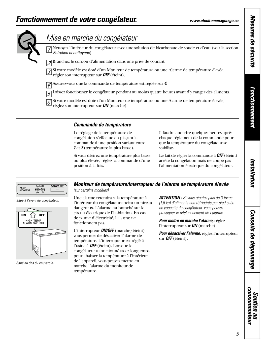 GE FCM 7 Fonctionnement de votre congélateur, Mise en marche du congélateur, Mesures de sécurité, Commande de température 