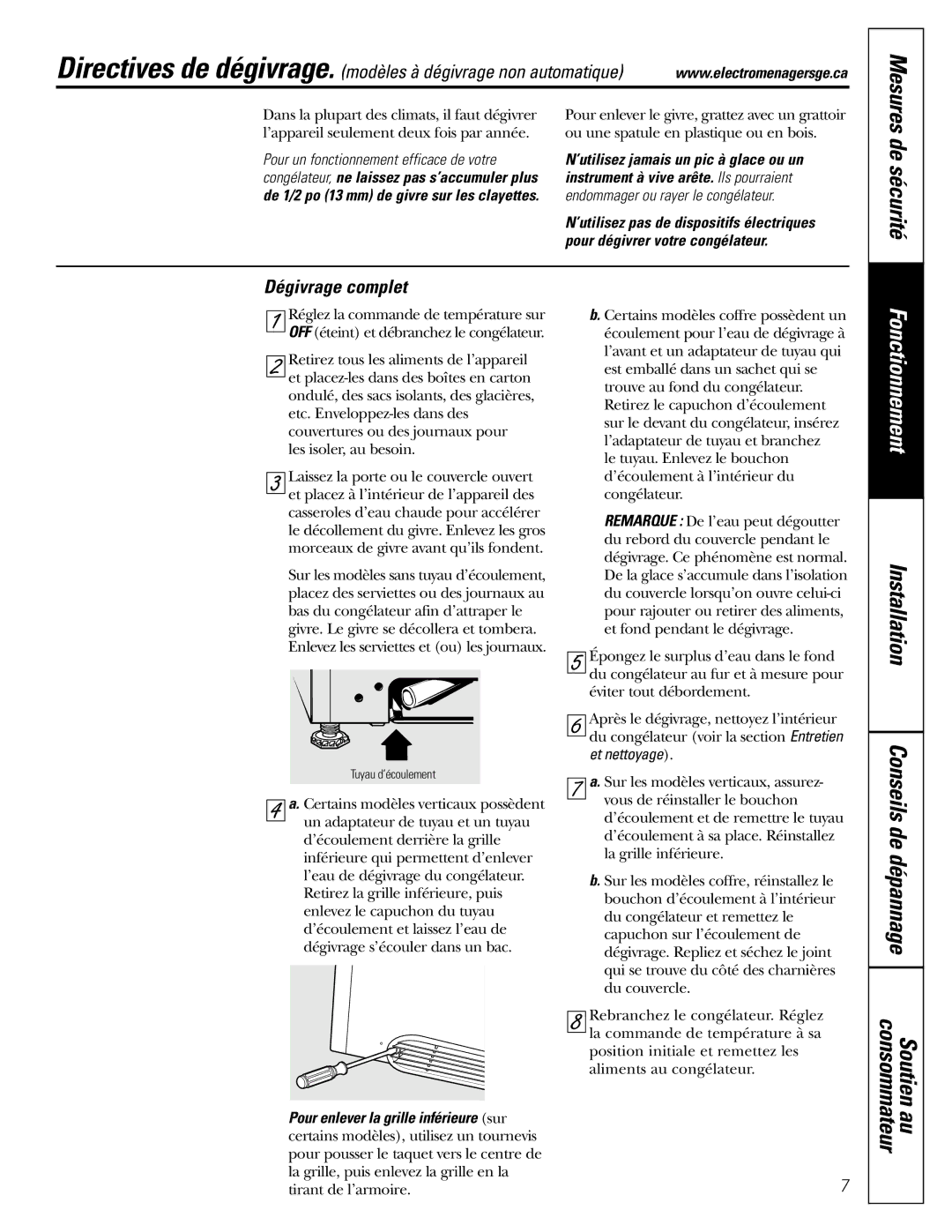 GE FCM 7 owner manual De sécurité, Dégivrage complet 