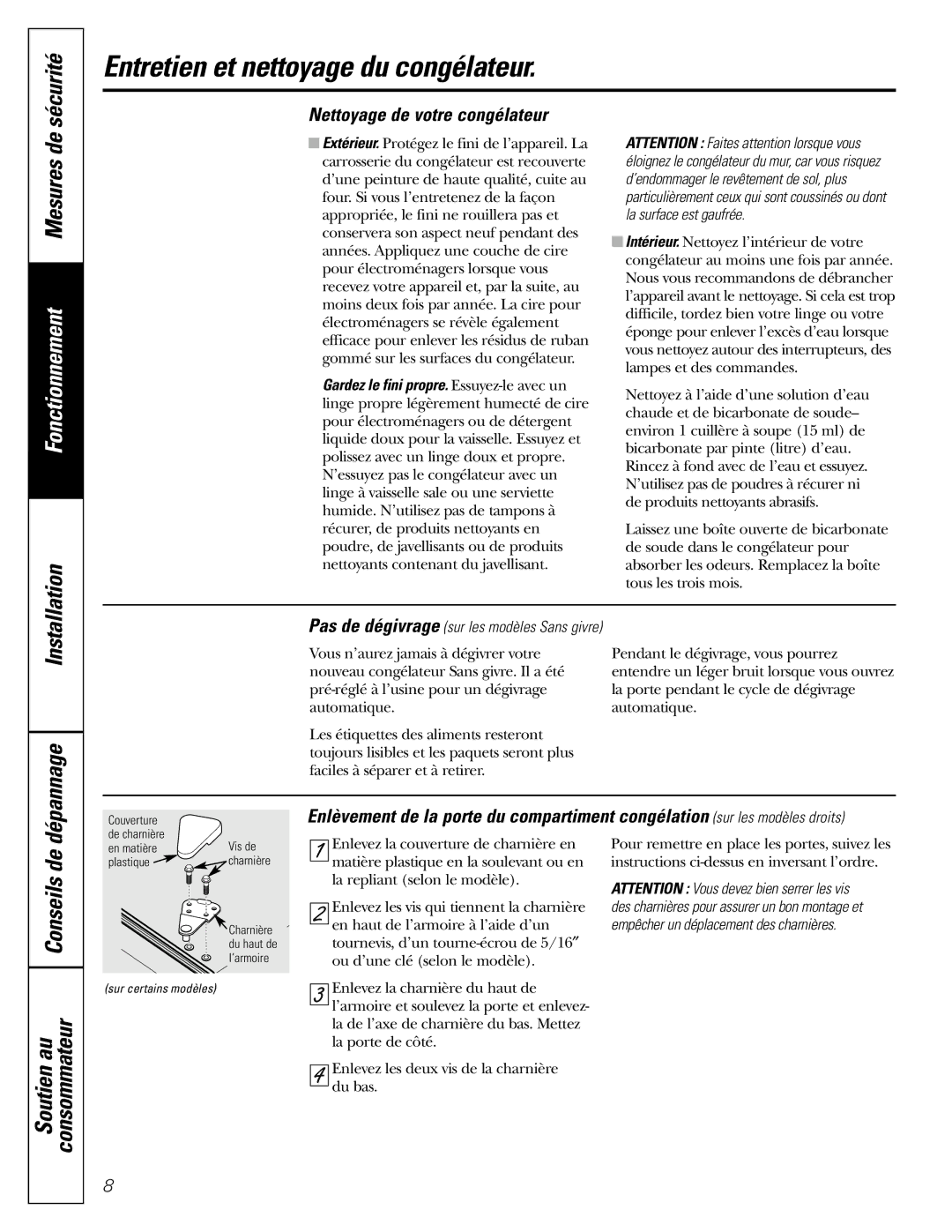 GE FCM 7 owner manual Entretien et nettoyage du congélateur, Sécurité, Installation, Dépannage, Mesures de 