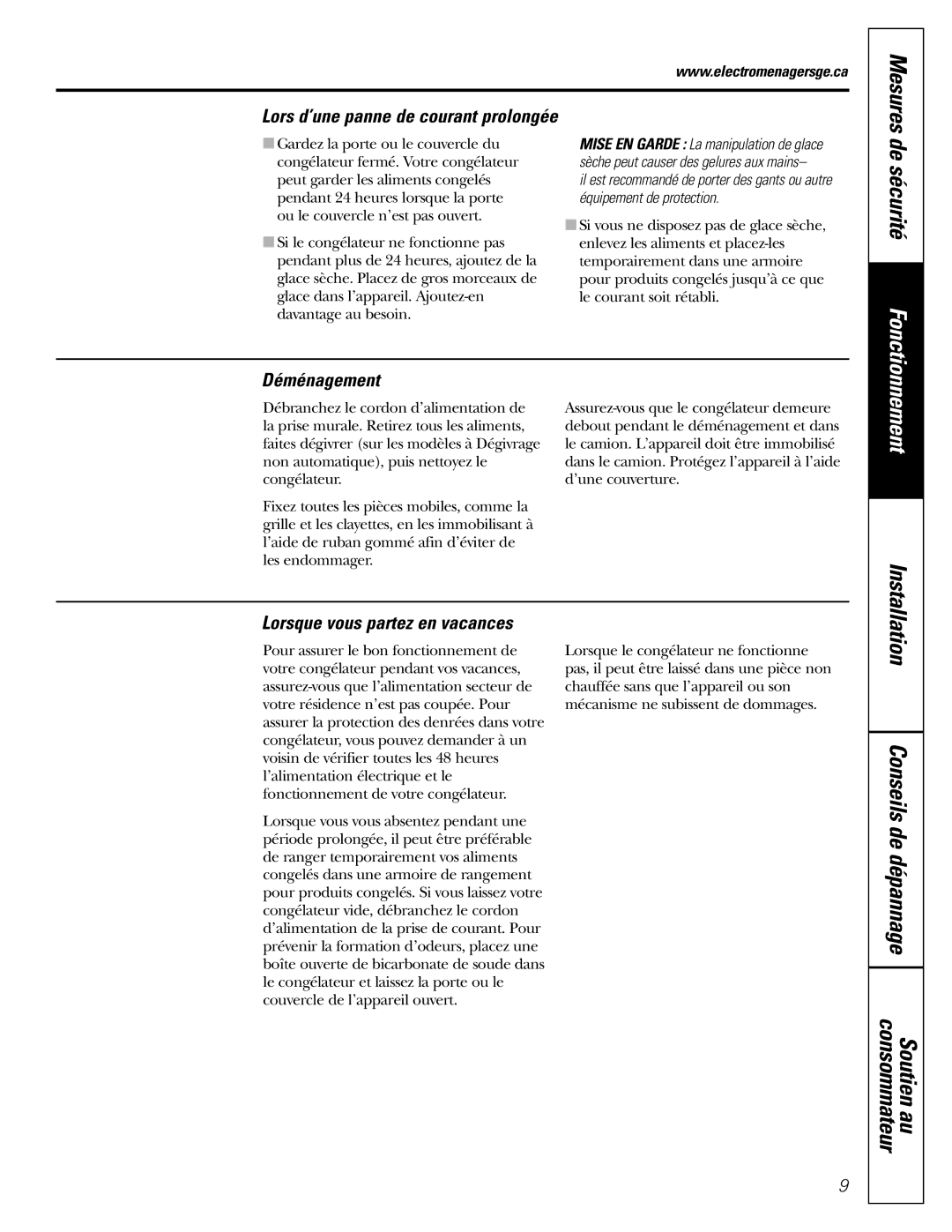 GE FCM 7 owner manual Mesures, Lors d’une panne de courant prolongée, Déménagement, Lorsque vous partez en vacances 