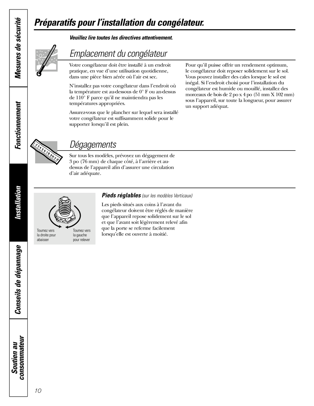 GE FCM 7 owner manual Préparatifs pour l’installation du congélateur, Emplacement du congélateur, Dégagements, Mesures 