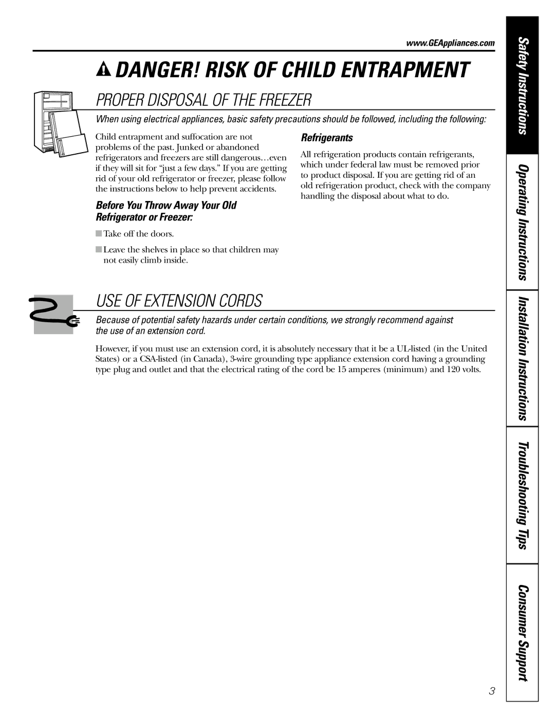 GE FCM 7 owner manual Proper Disposal of the Freezer, USE of Extension Cords, Operating Instructions, Refrigerants 