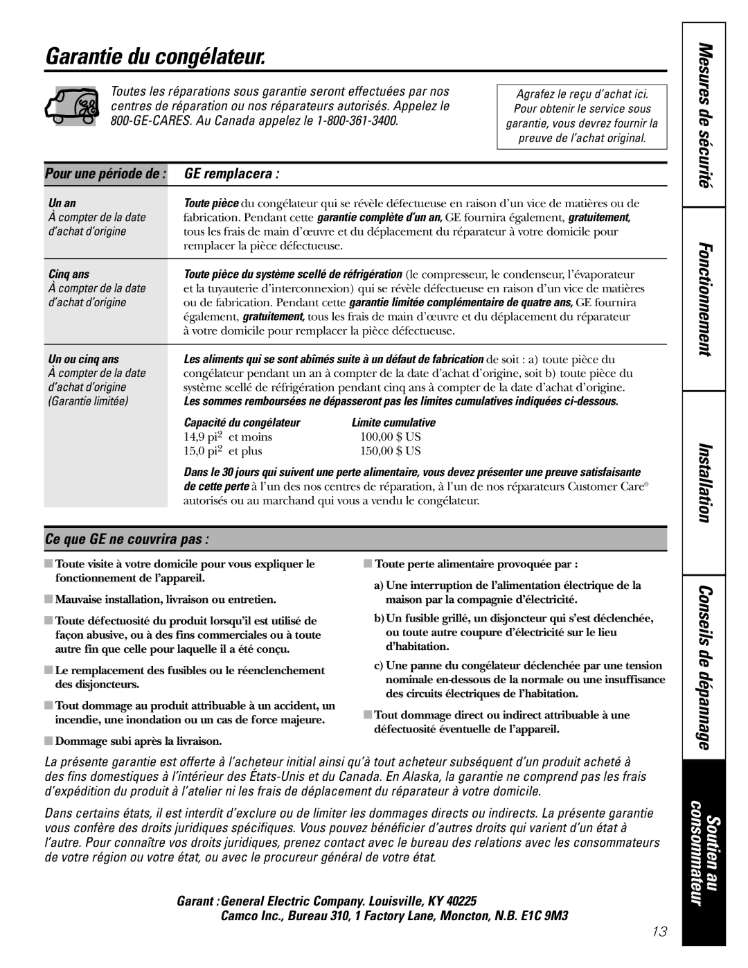 GE FCM 7 owner manual Garantie du congélateur, Conseils de dépannage, GE remplacera, Ce que GE ne couvrira pas 