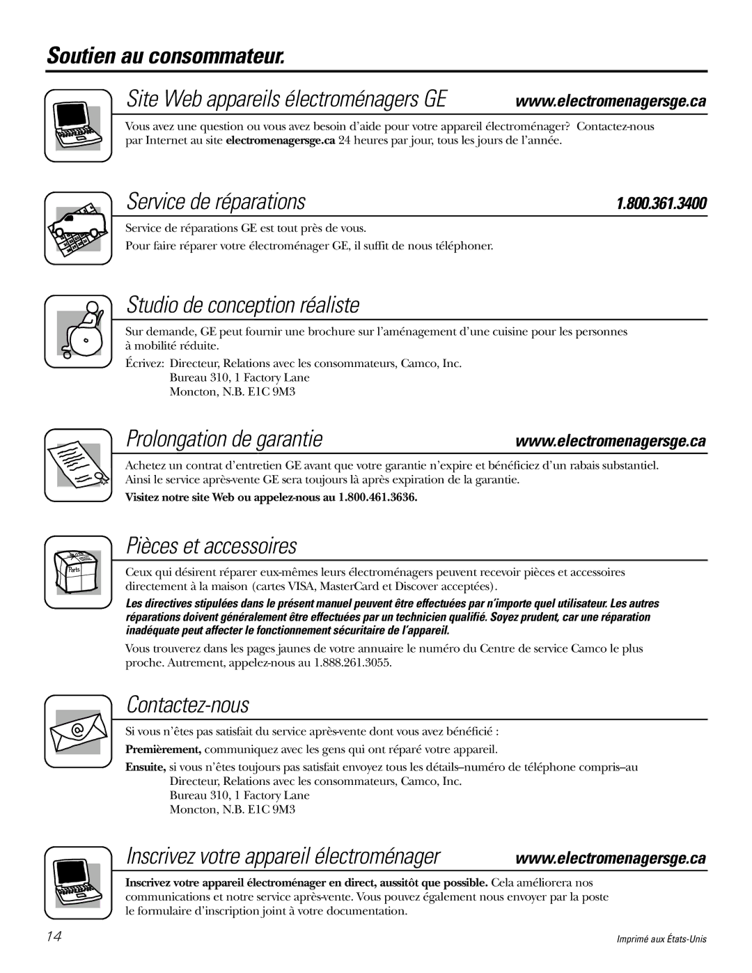 GE FCM 7 owner manual Soutien au consommateur, Service de réparations, Prolongation de garantie 