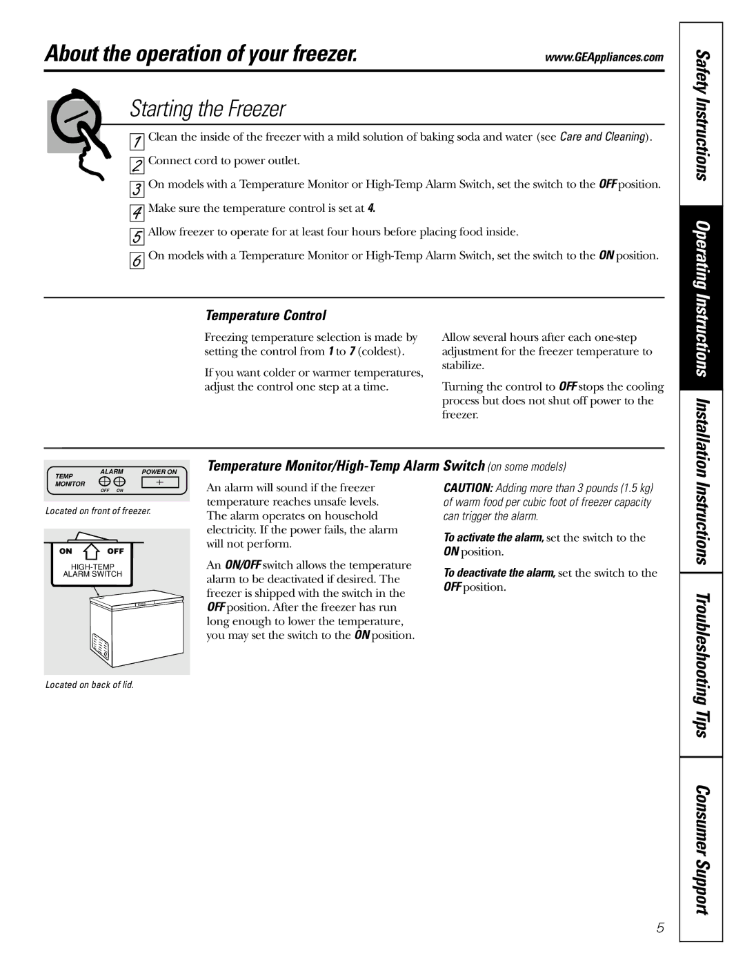 GE FCM 7 owner manual About the operation of your freezer, Starting the Freezer, Tips Consumer Support 