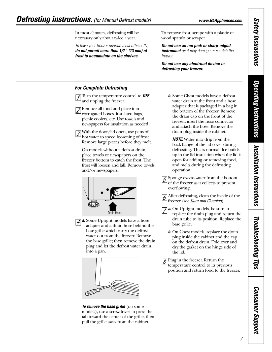 GE FCM 7 owner manual Instructions, Defrosting instructions. for Manual Defrost models, For Complete Defrosting, Safety 