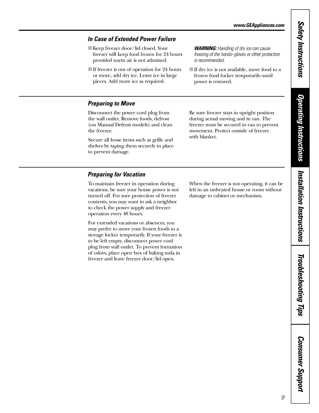 GE FCM 7 owner manual Safety Instructions, Preparing to Move, Preparing for Vacation, Is recommended 