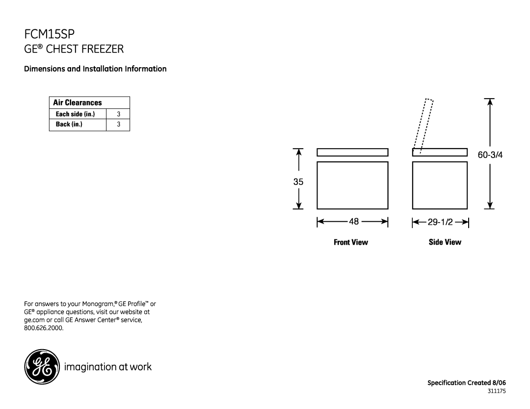 GE FCM15SP dimensions Ge Chest Freezer, Each side in, Back in, Specification Created 8/06, 311175, 60-3/4 29-1/2 