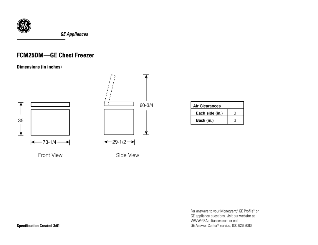 GE FCM25DMWH dimensions FCM25DM-GE Chest Freezer, Front View Side View 