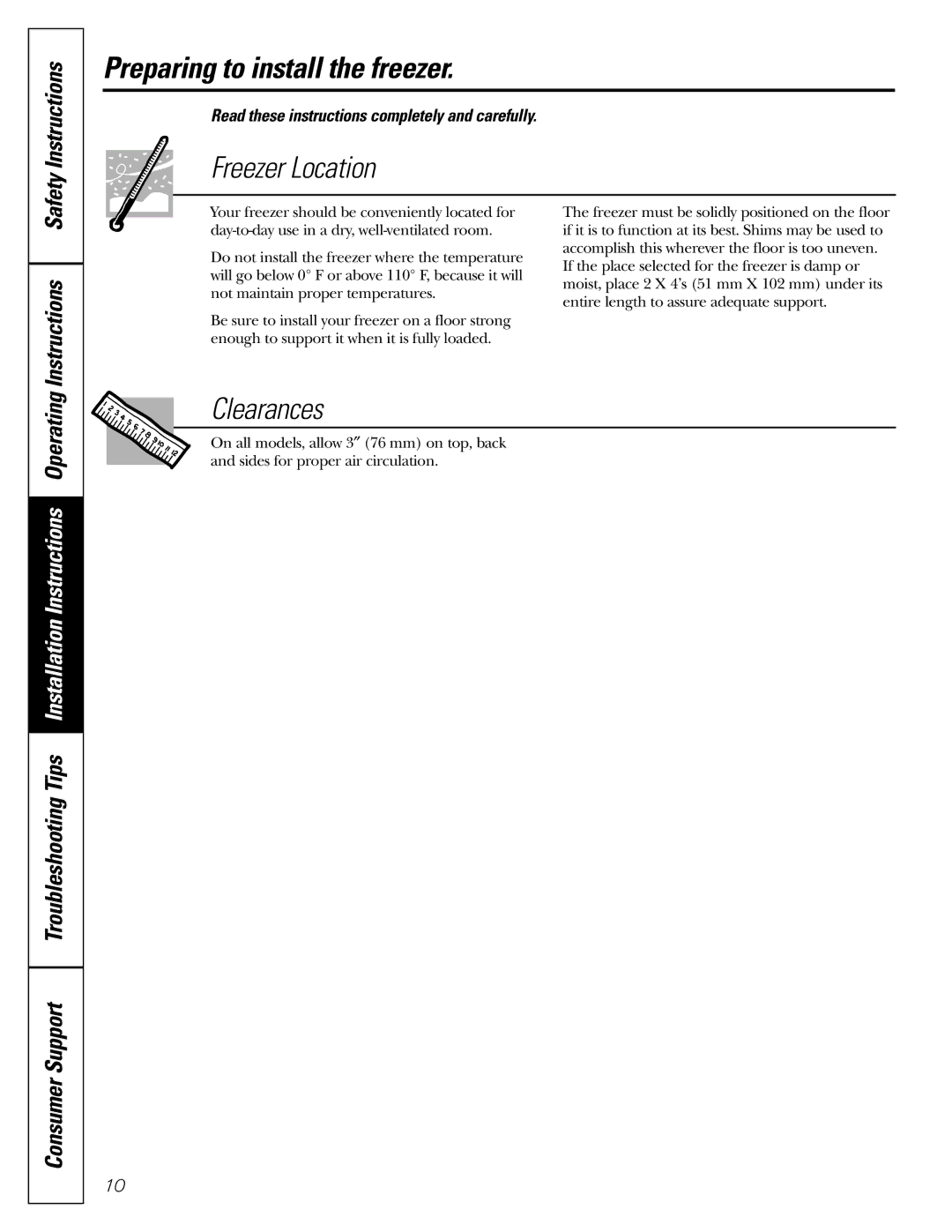 GE FCM5 owner manual Preparing to install the freezer, Instructions 