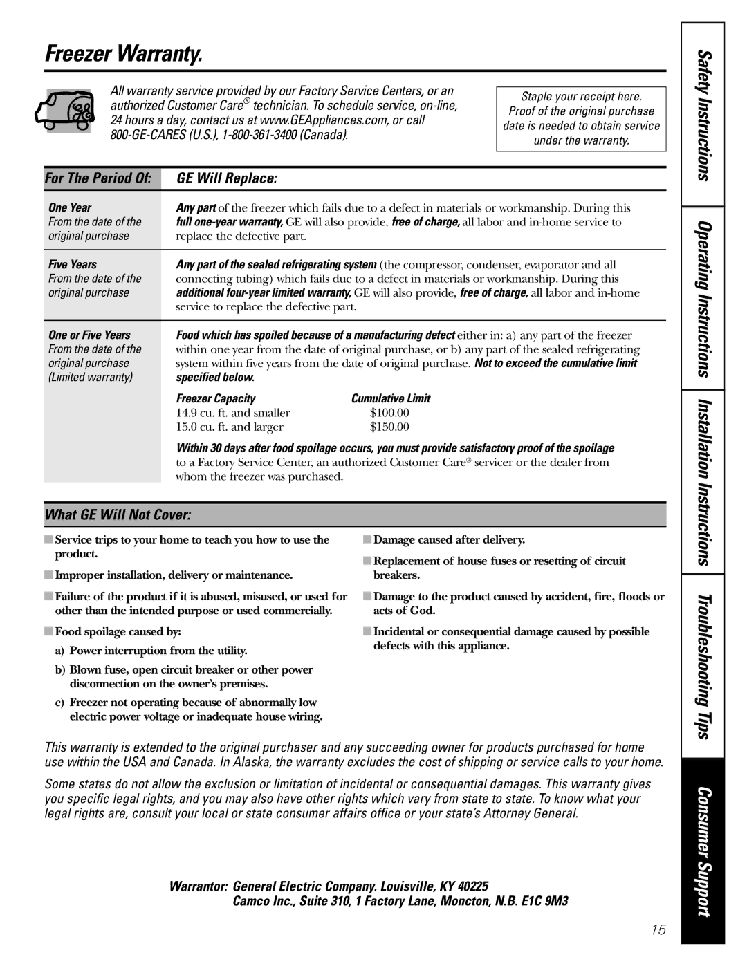 GE FCM5 owner manual Freezer Warranty, Safety Instructions Operating, GE Will Replace, What GE Will Not Cover 