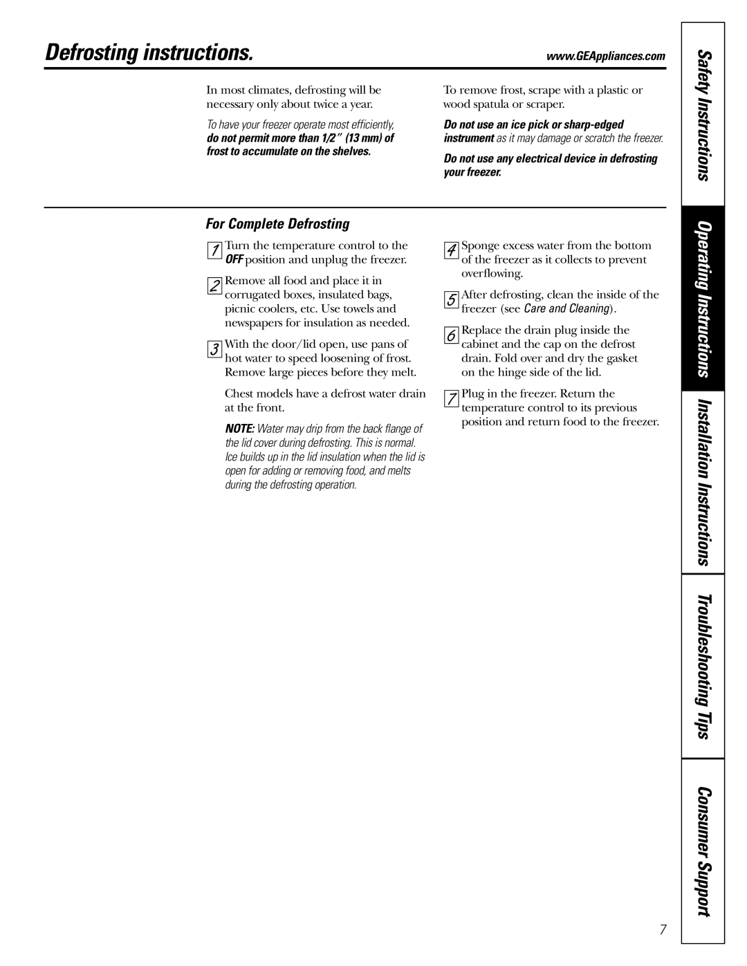 GE FCM5 owner manual Defrosting instructions, Safety Instructions, For Complete Defrosting 