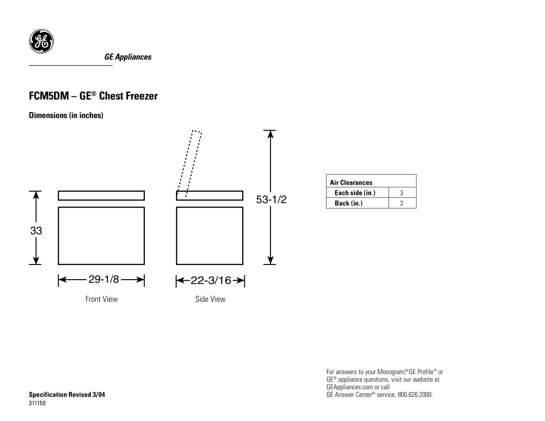 GE FCM5DMWH, FCM5SM dimensions FCM5DM GE Chest Freezer, 53-1/2 29-1/8 22-3/16, Side View 