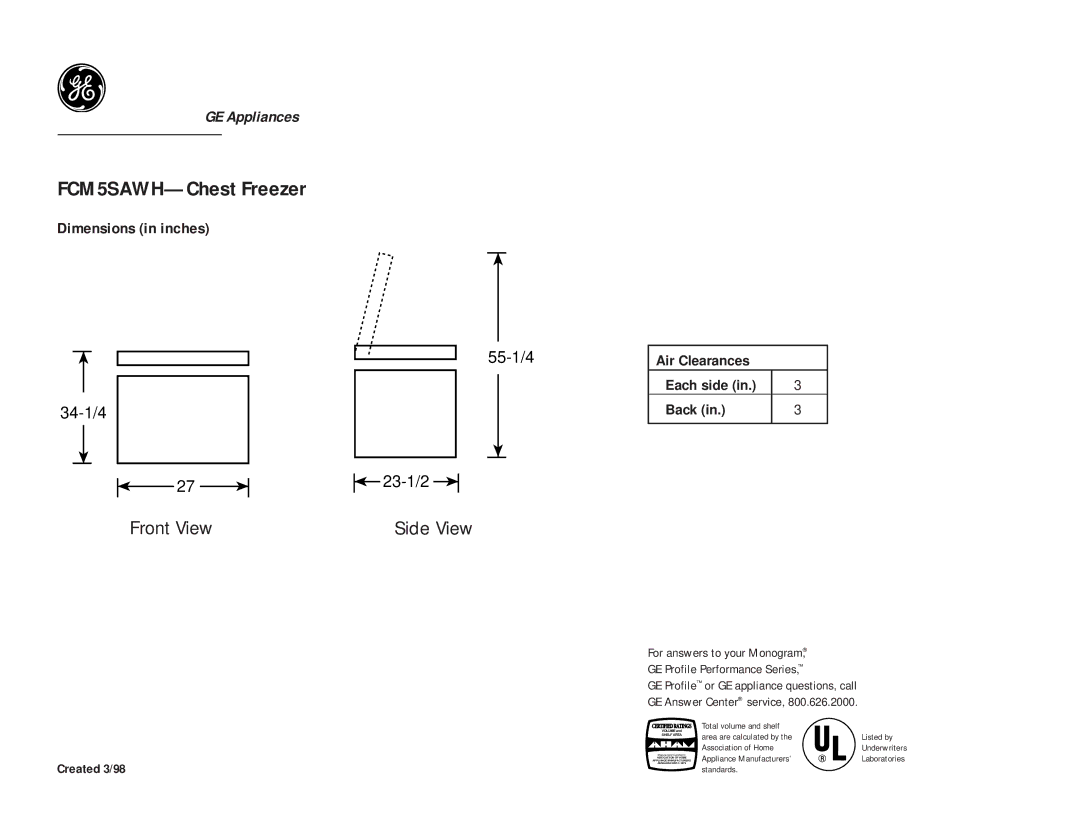 GE dimensions FCM5SAWH-Chest Freezer, Front View Side View, Air Clearances Each side Back, Created 3/98 