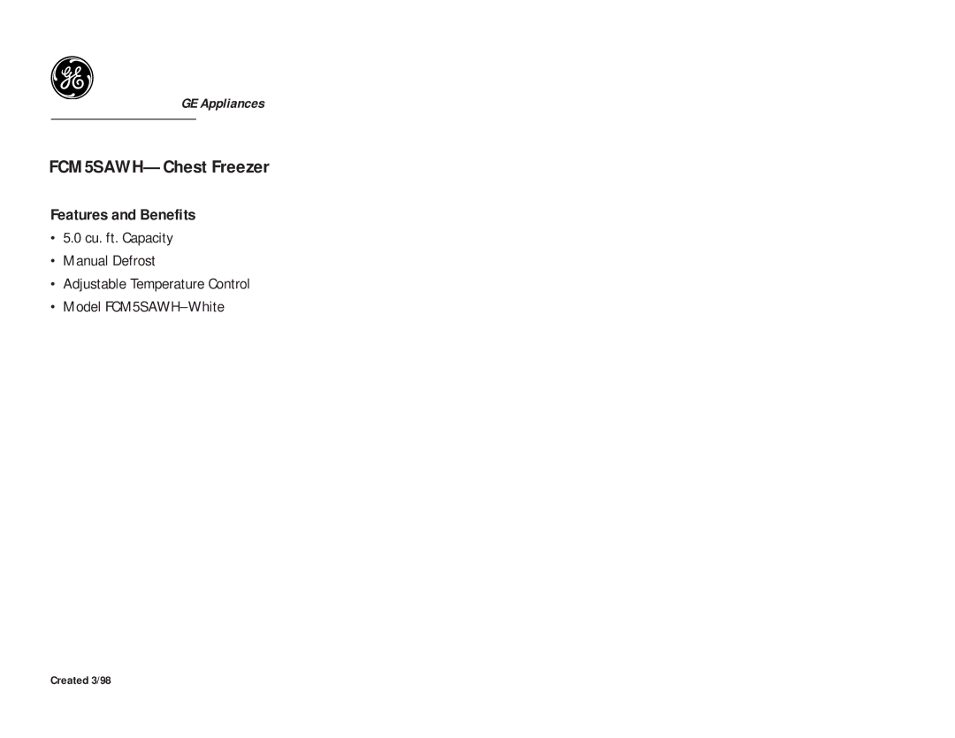 GE FCM5SAWH dimensions Features and Benefits 