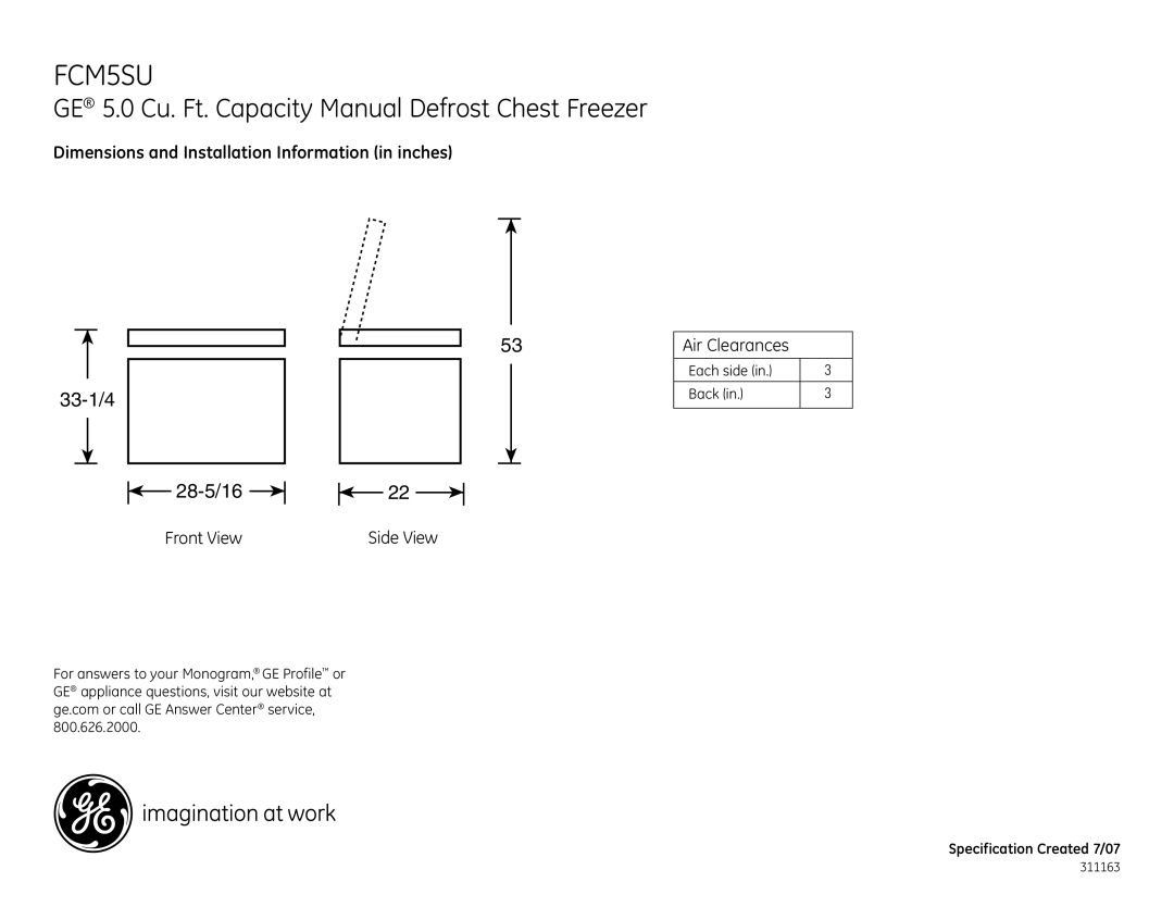 GE FCM5SU dimensions GE 5.0 Cu. Ft. Capacity Manual Defrost Chest Freezer 