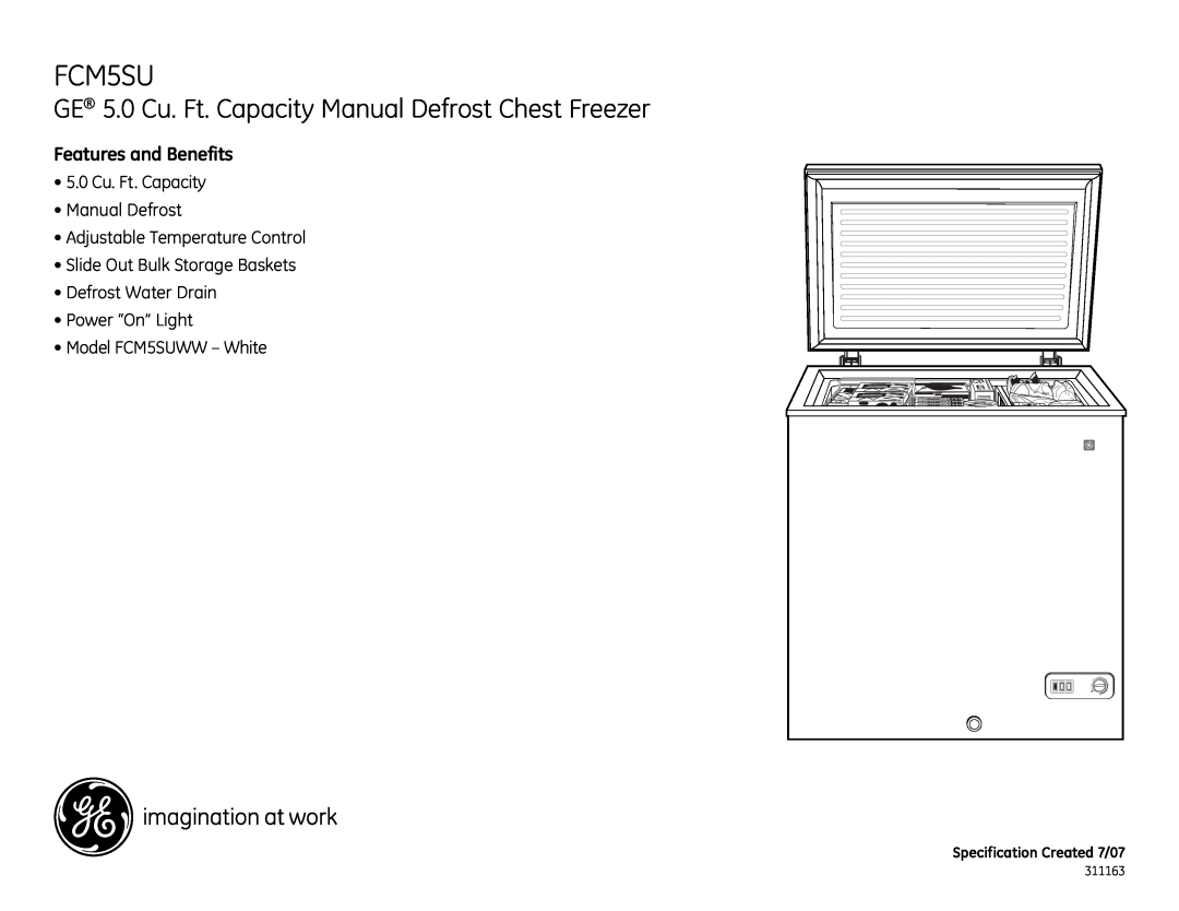 GE 5.0 Cu. Ft. Capacity Manual Defrost Adjustable Temperature Control, Model FCM5SUWW - White, Features and Benefits 