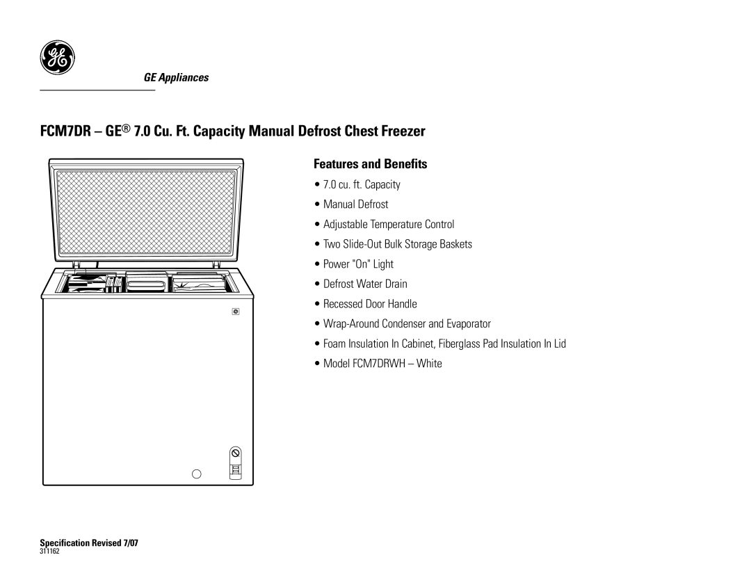 GE dimensions FCM7DR GE 7.0 Cu. Ft. Capacity Manual Defrost Chest Freezer, Features and Benefits 