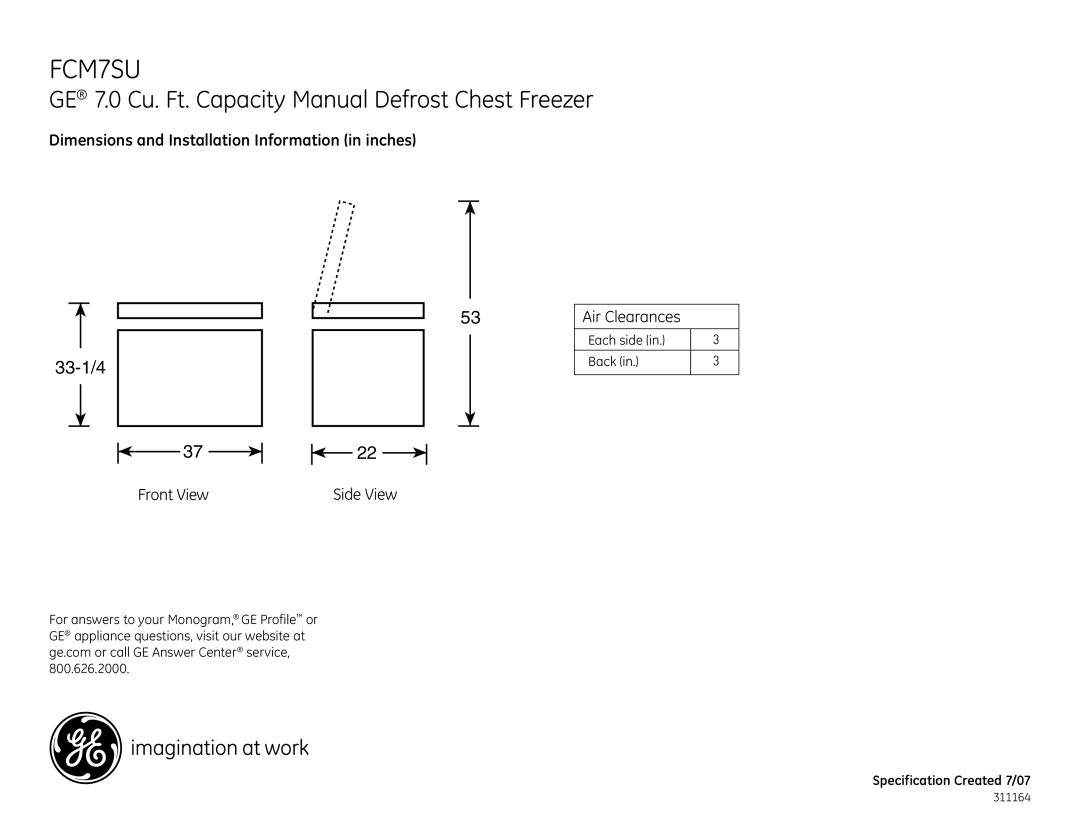 GE FCM7SU dimensions GE 7.0 Cu. Ft. Capacity Manual Defrost Chest Freezer 