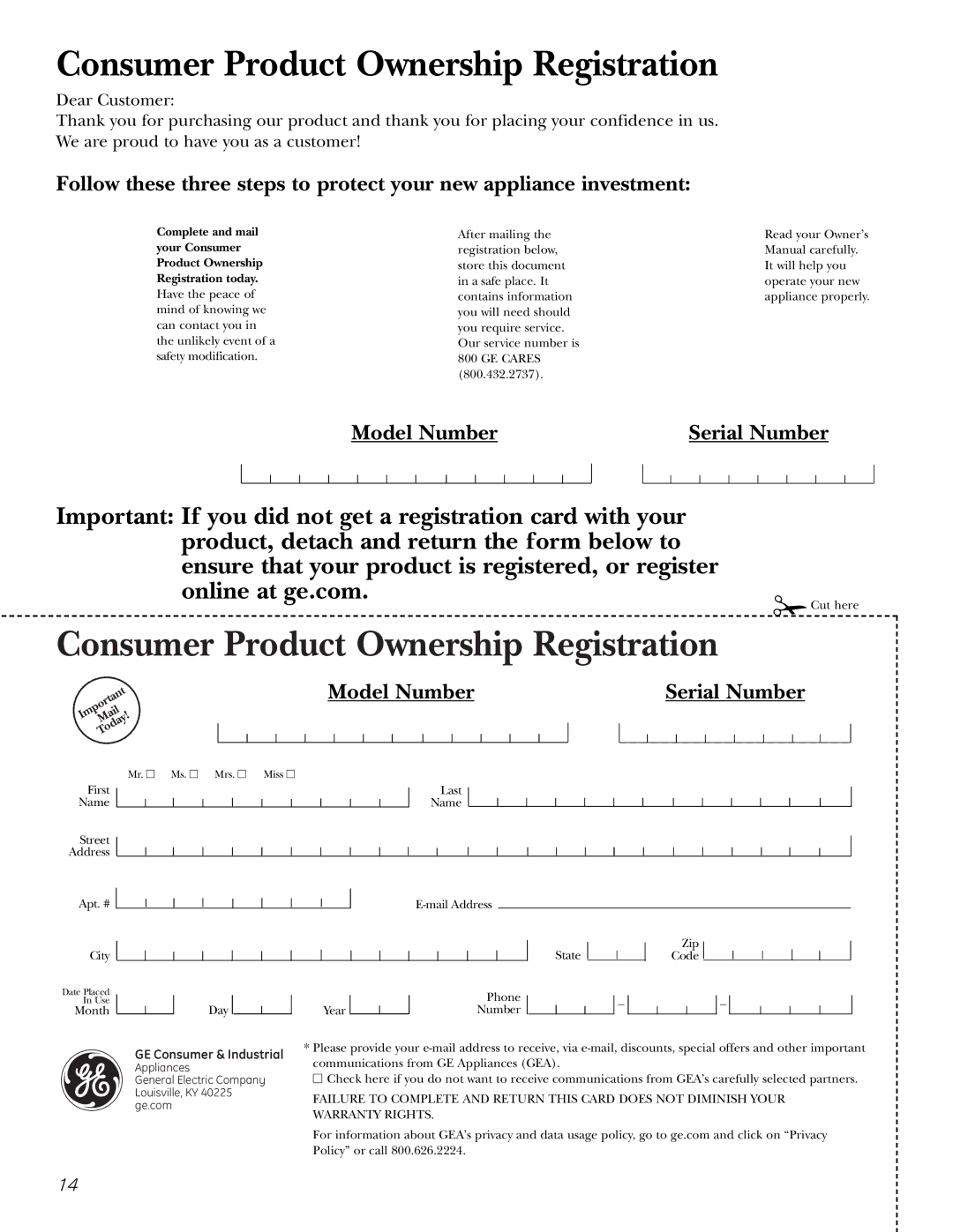 GE FCM7, FCM9, FCM5 owner manual Consumer Product Ownership Registration 