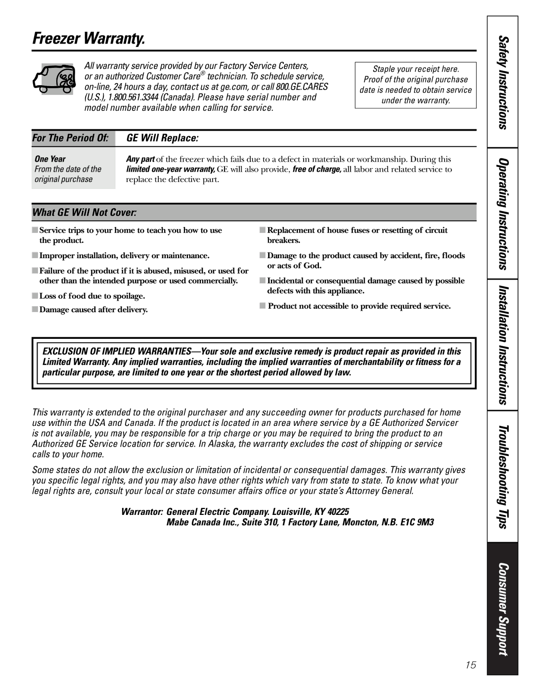 GE FCM9, FCM5, FCM7 owner manual Freezer Warranty, GE Will Replace, What GE Will Not Cover 
