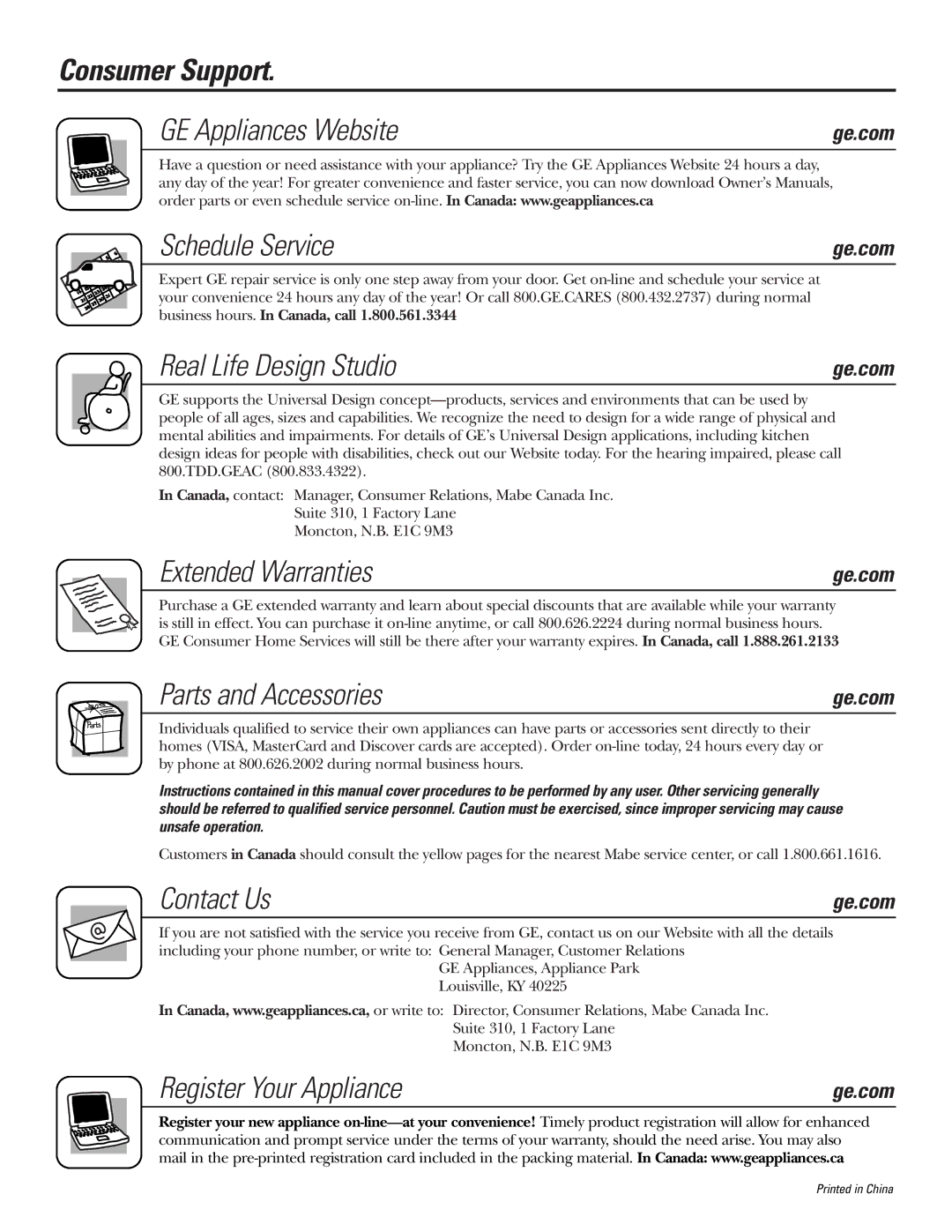 GE FCM5 Consumer Support GE Appliances Website, Schedule Service, Real Life Design Studio, Extended Warranties, Contact Us 