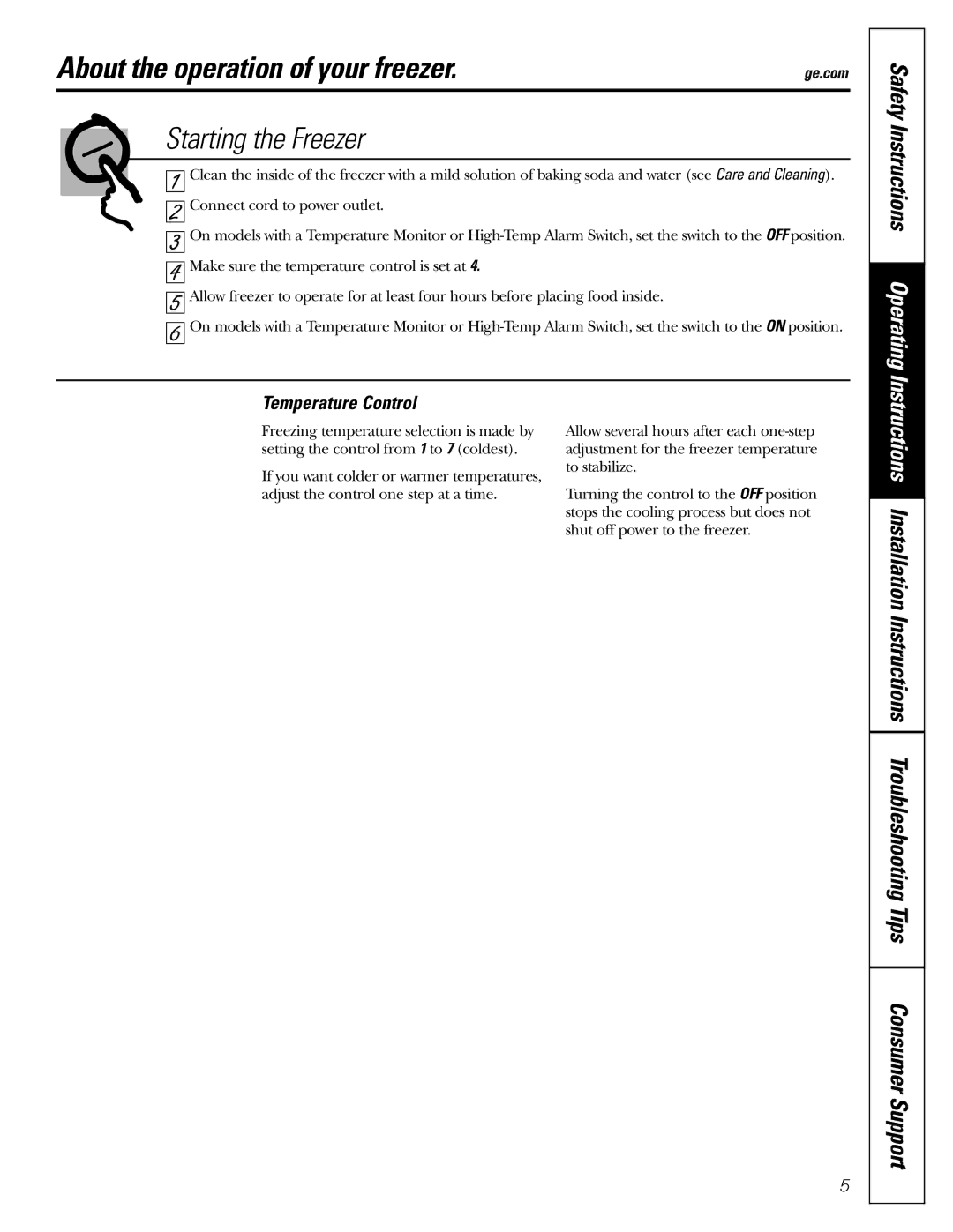 GE FCM7, FCM9, FCM5 owner manual About the operation of your freezer, Starting the Freezer 