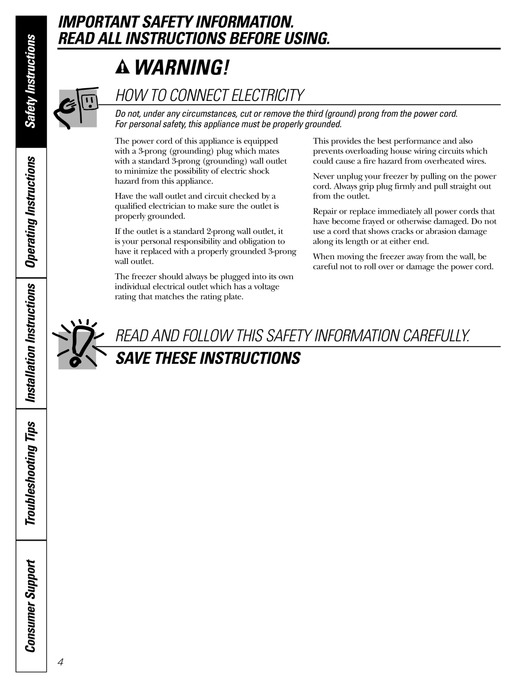 GE FCM5 How To Connect Electricity, Save These Instructions, Instructions Operating Instructions, Safety Instructions 
