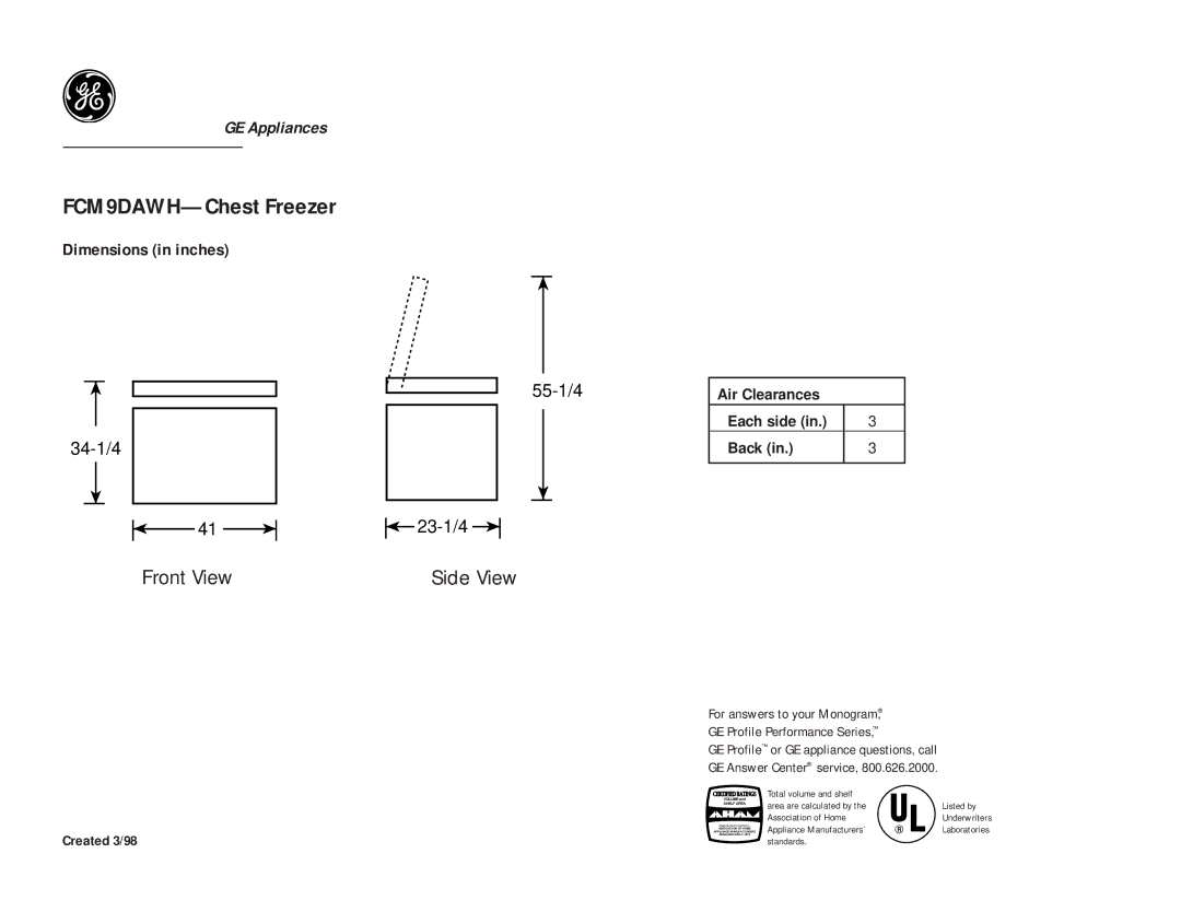 GE dimensions FCM9DAWH-Chest Freezer, Front View Side View, Air Clearances Each side Back, Created 3/98 