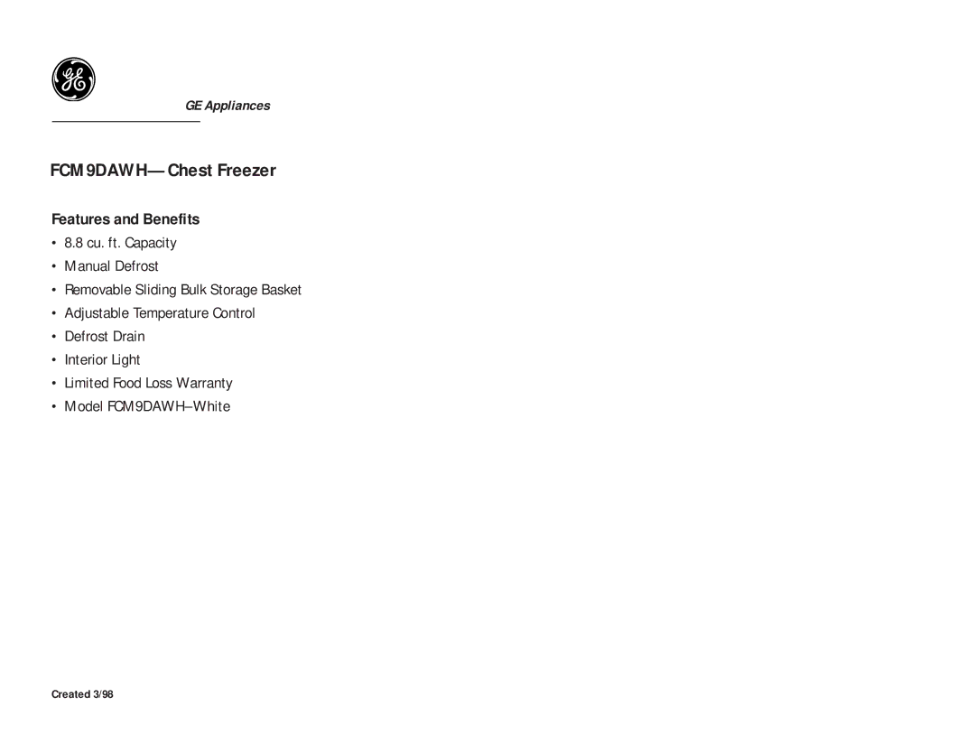 GE FCM9DAWH dimensions Features and Benefits 