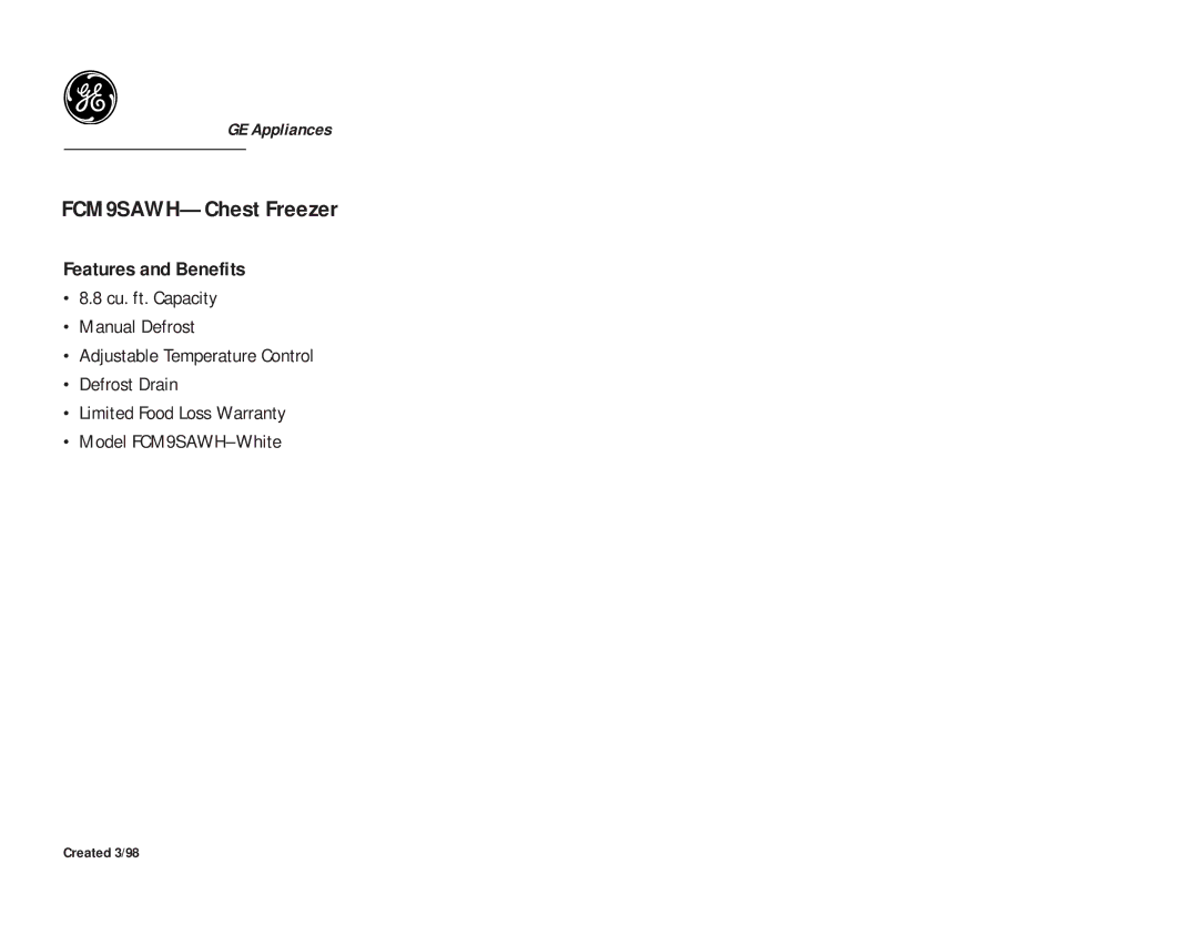 GE FCM9SAWH dimensions Features and Benefits 